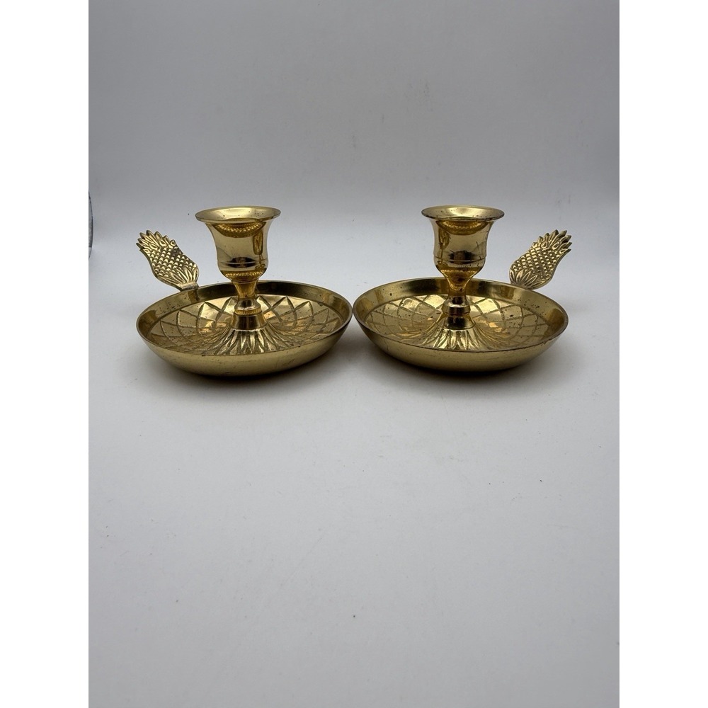 Vintage Brass Pineapple Chamberstick Candle Holders Pair Hollywood Regency
